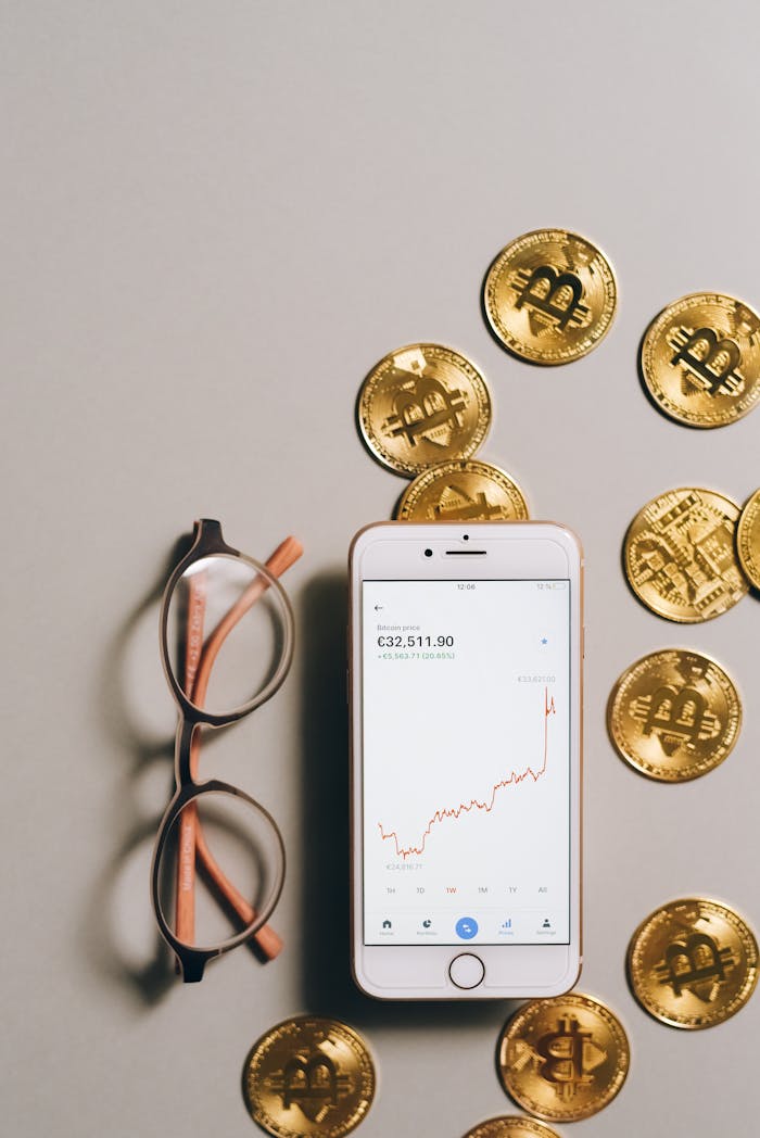 Eyeglasses, smartphone with stock graph, and gold bitcoin coins on a table.